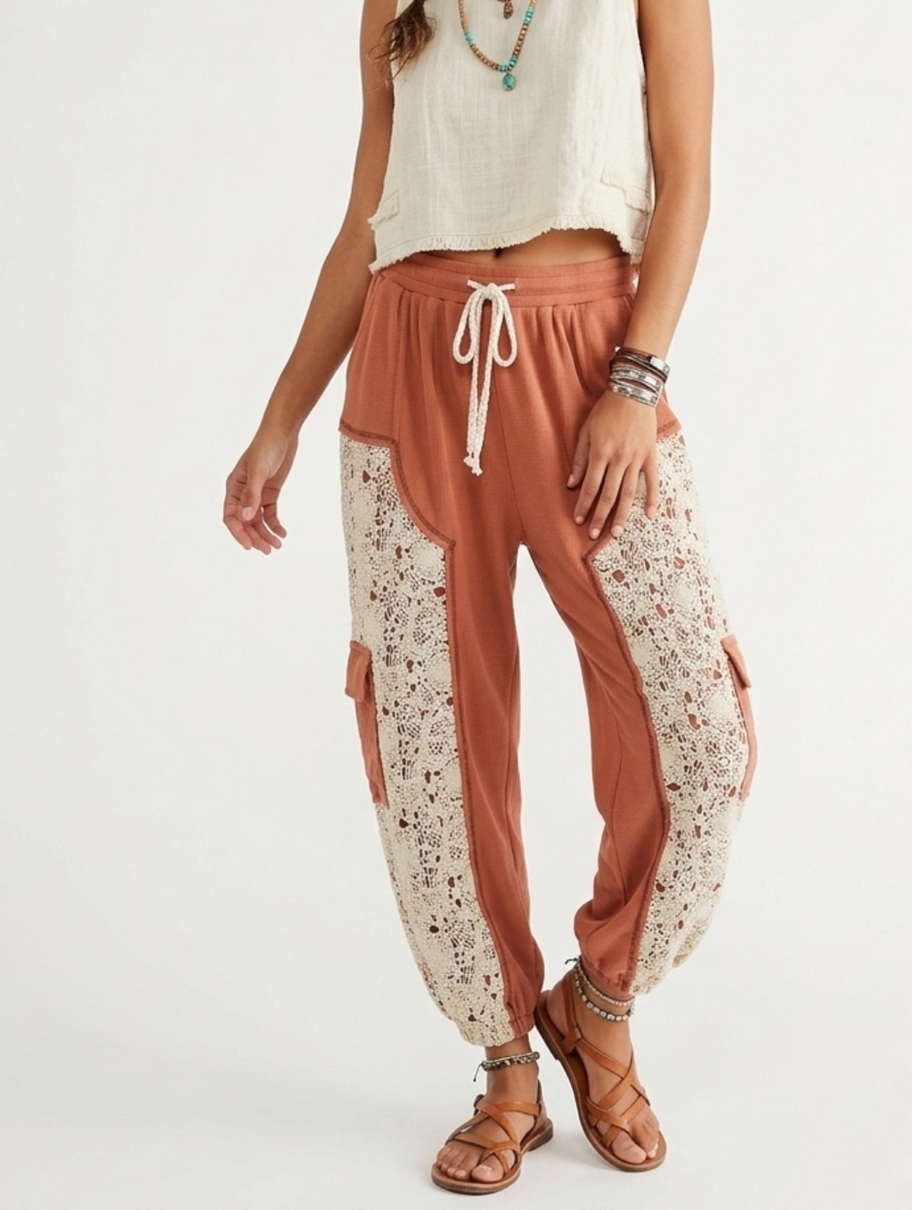 POL Rust Jogger Pants with Cream Lace Panels
